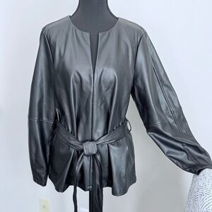 Black Pleather/Leather-like Women's Belted Top